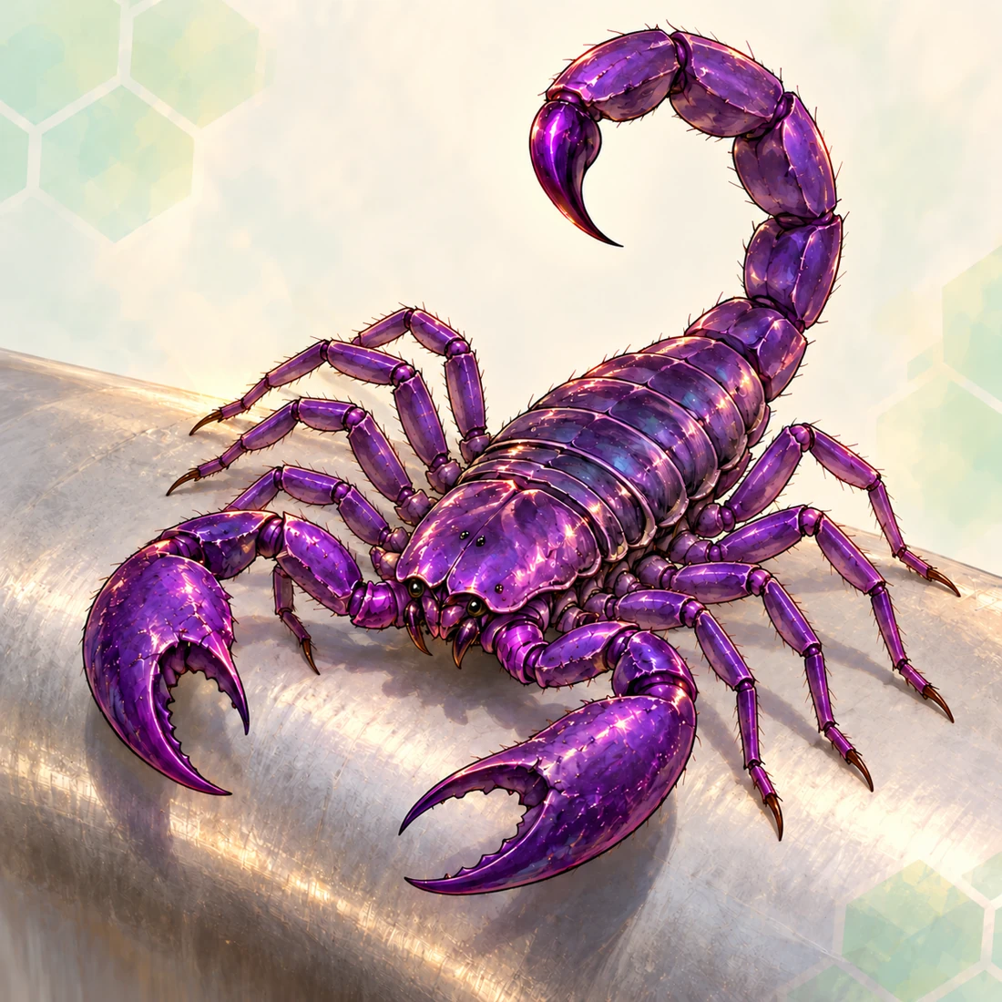Sleepy, a small bright-purple scorpion with two pincers and a curved segmented tail.