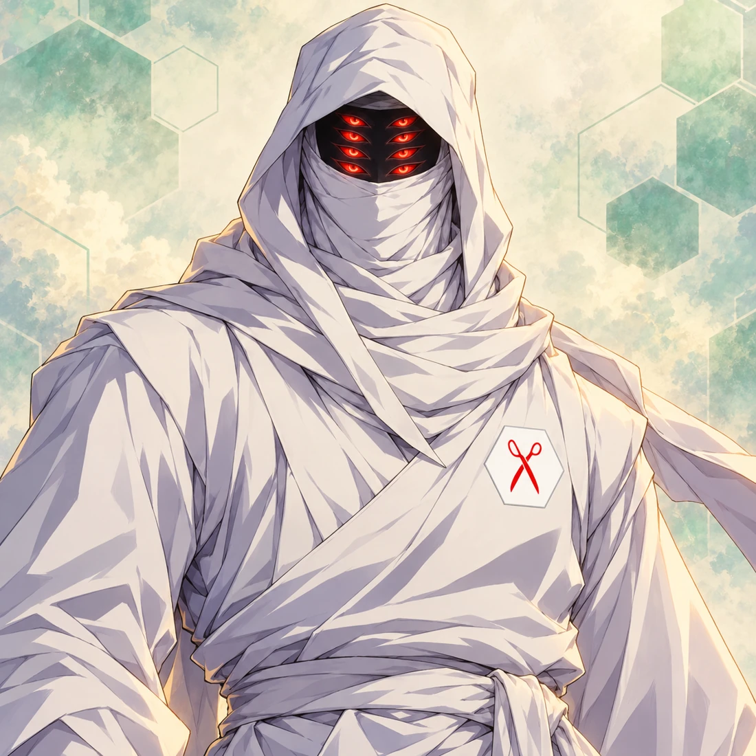 Spider in white ninja garb, with eight glowing red eyes visible through his face wrap.