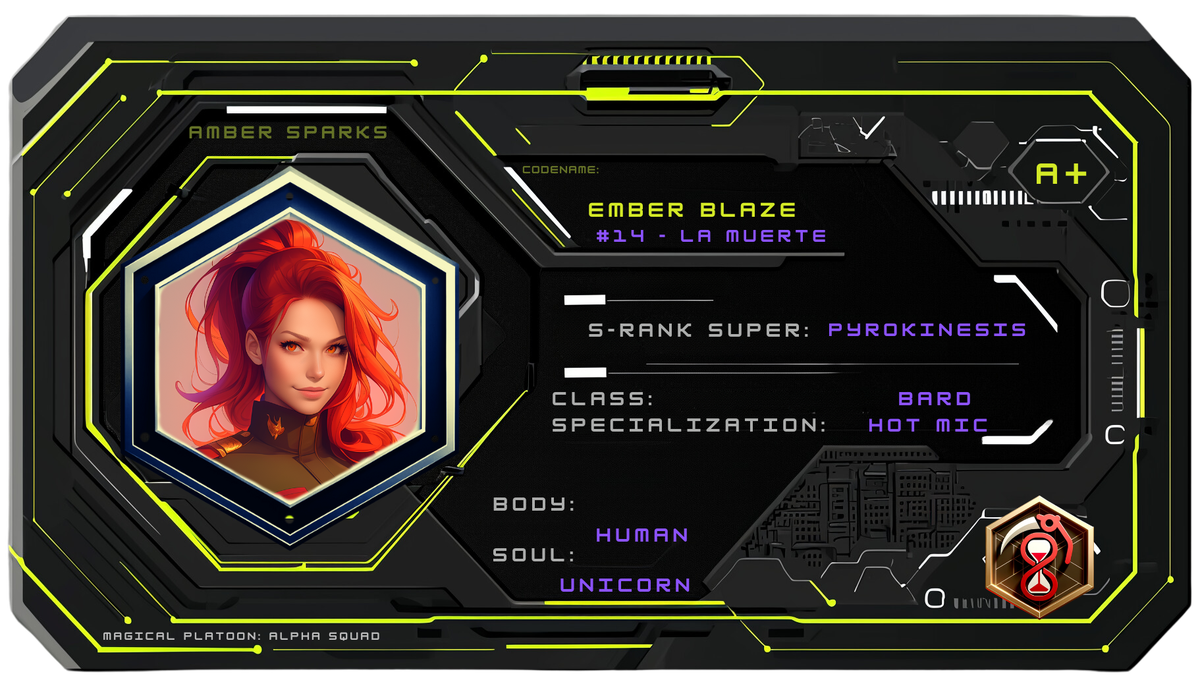 Reference ID card printed Amber Sparks. Codename Ember Blaze; Unique variant