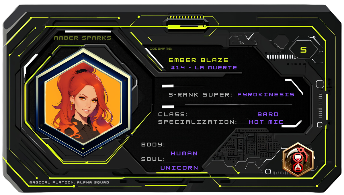 Reference ID card printed Amber Sparks. Codename Ember Blaze