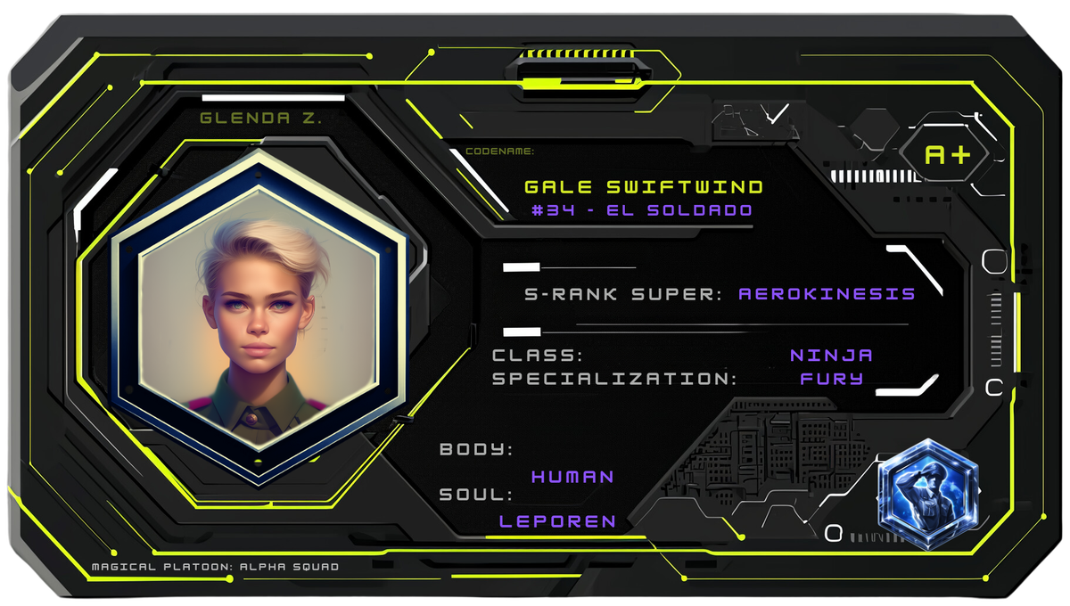 Reference ID card printed Glenda Z.. Codename Gale Swiftwind; isekai filename context