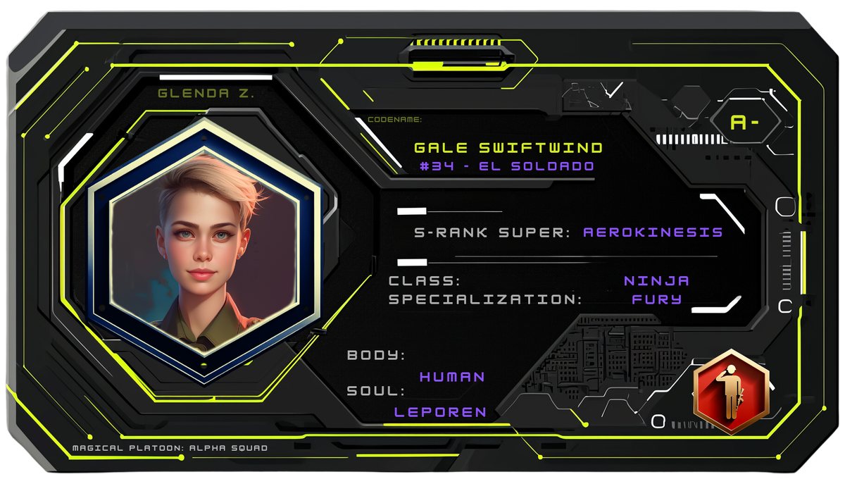 Reference ID card printed Glenda Z.. Codename Gale Swiftwind