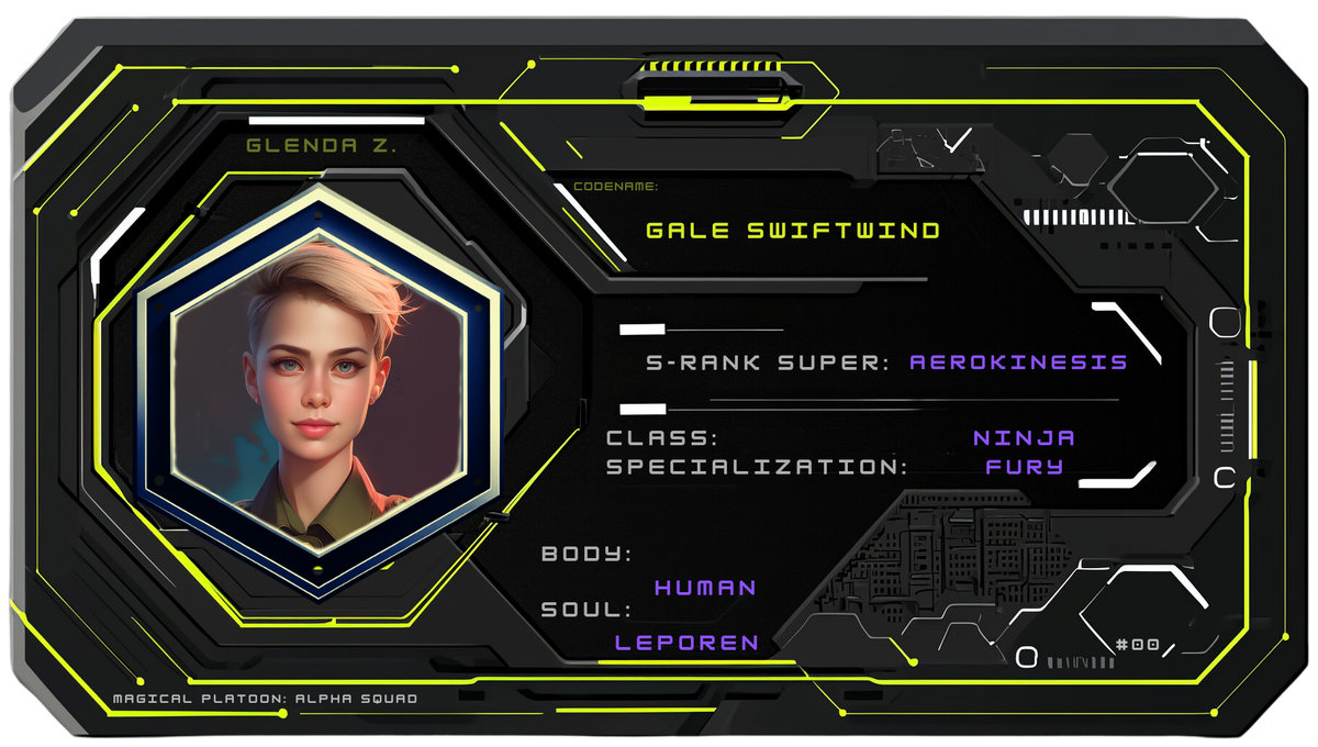 Reference ID card printed Glenda Z.. Codename Gale Swiftwind