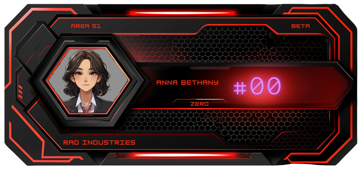 Reference ID card printed Anna Bethany. Beta; Area 51; RAD Industries
