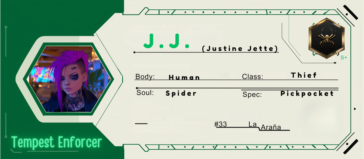 Reference ID card printed J.J.. Justine Jette; Tempest Enforcer