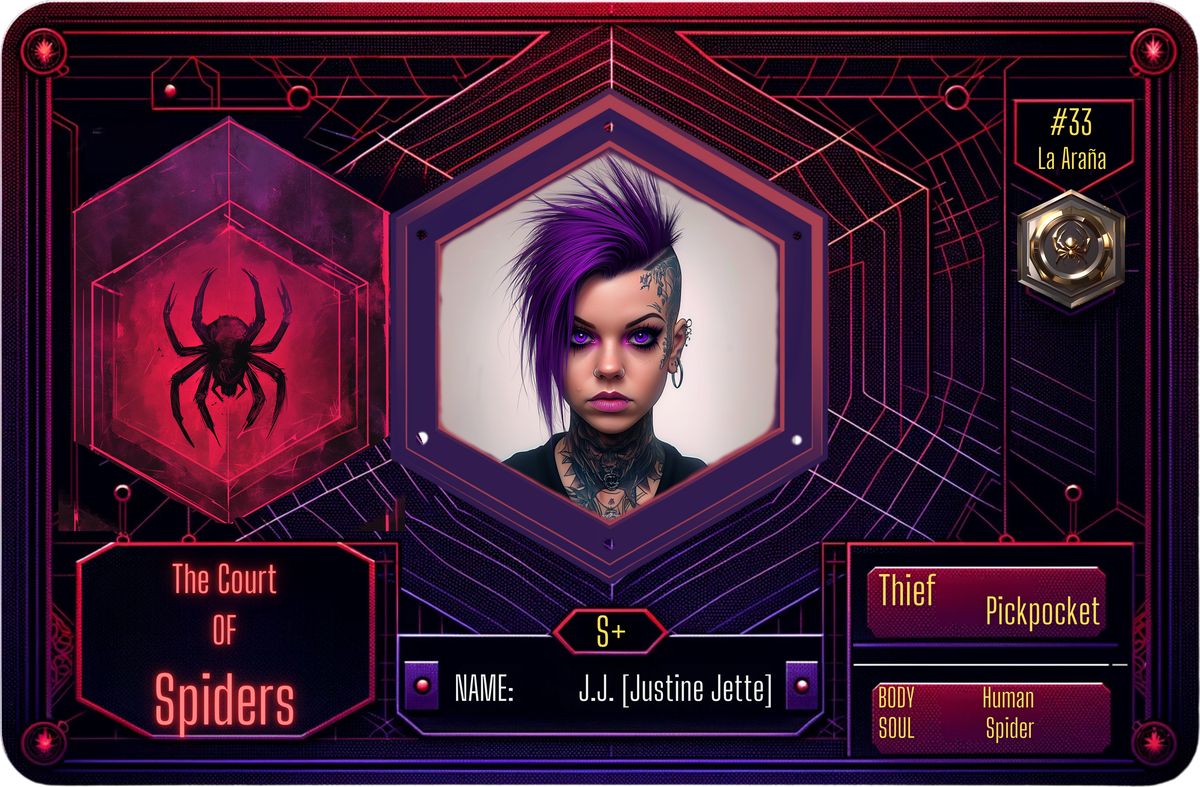 Reference ID card printed J.J.. Justine Jette; The Court of Spiders