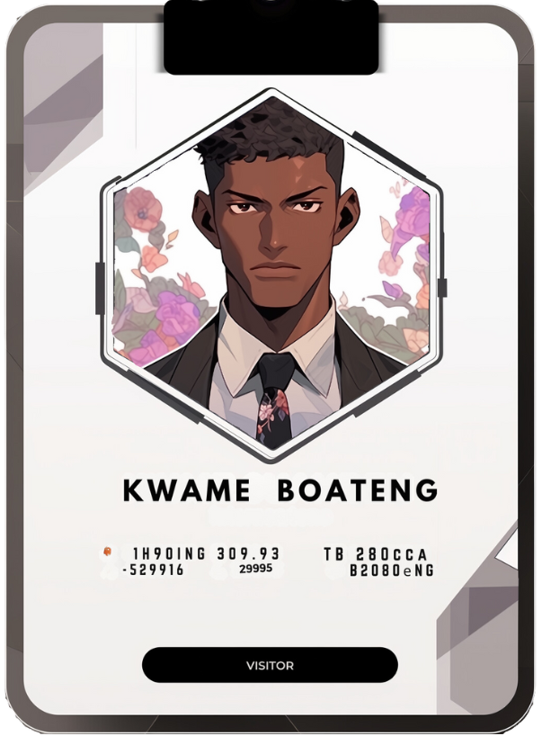 Reference ID card printed Kwame Boateng. Visitor badge