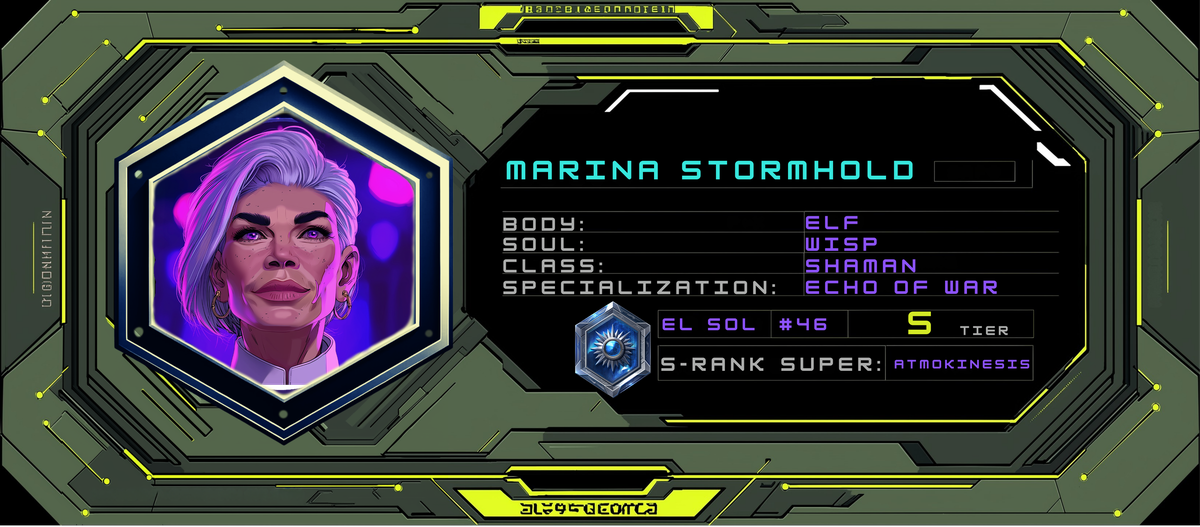 Reference ID card printed Marina Stormhold. Alpha Squad; older portrait rendering