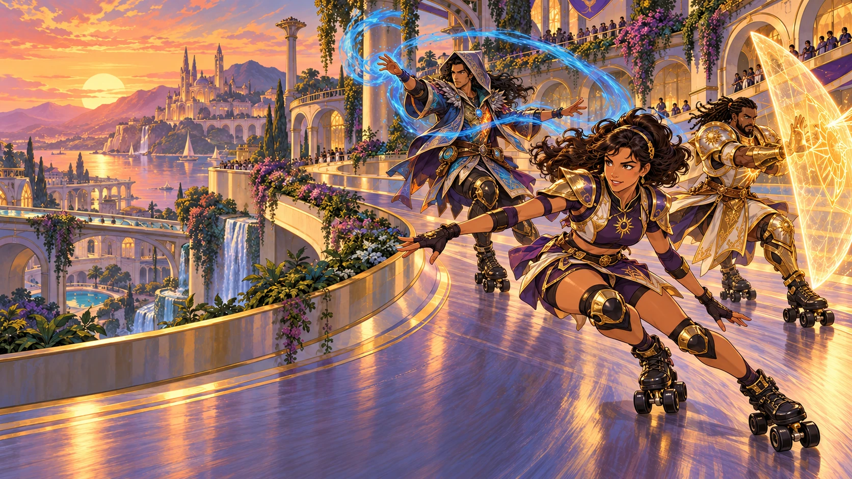 Three adult adventurers in differentiated class armor skate on black quad skates through a sunset solarpunk arena. Artistic interpretation.
