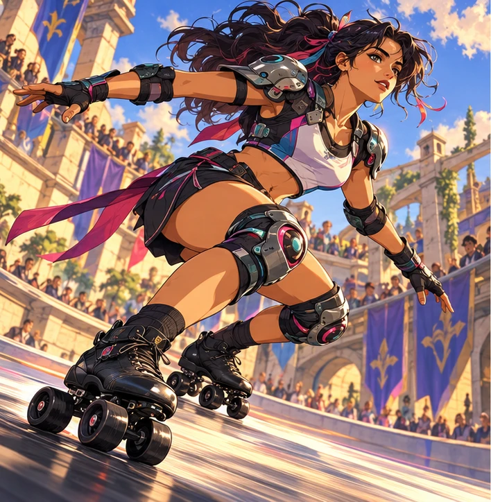 All-Star adult woman accelerating on black QUAD roller skates, black wheels in two side-by-side pairs per boot, low-angle athletic action. Reference-inspired job-armor design interpretation.