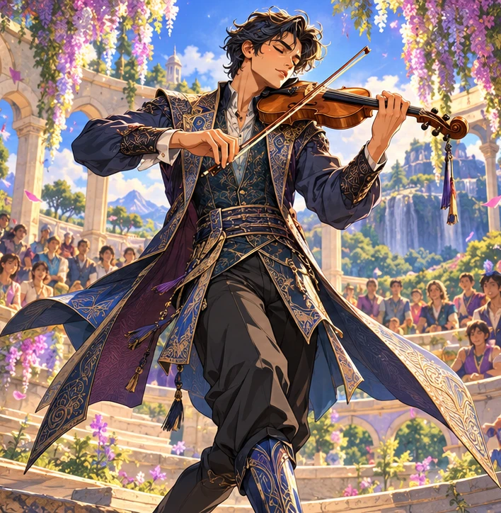 Bard adult man energetically playing violin in a luminous garden amphitheatre. Reference-inspired job-armor design interpretation.