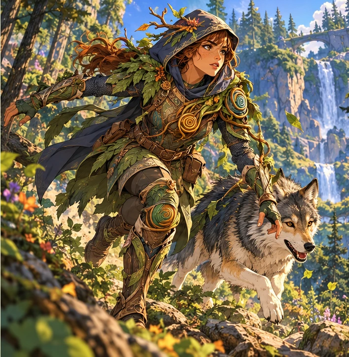 Beast Master adult woman running with a wolf on woodland trail. Reference-inspired job-armor design interpretation.