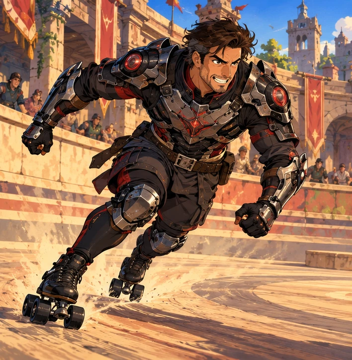 Berzerker adult man making a training charge on black quad skates with black paired wheels. Reference-inspired job-armor design interpretation.