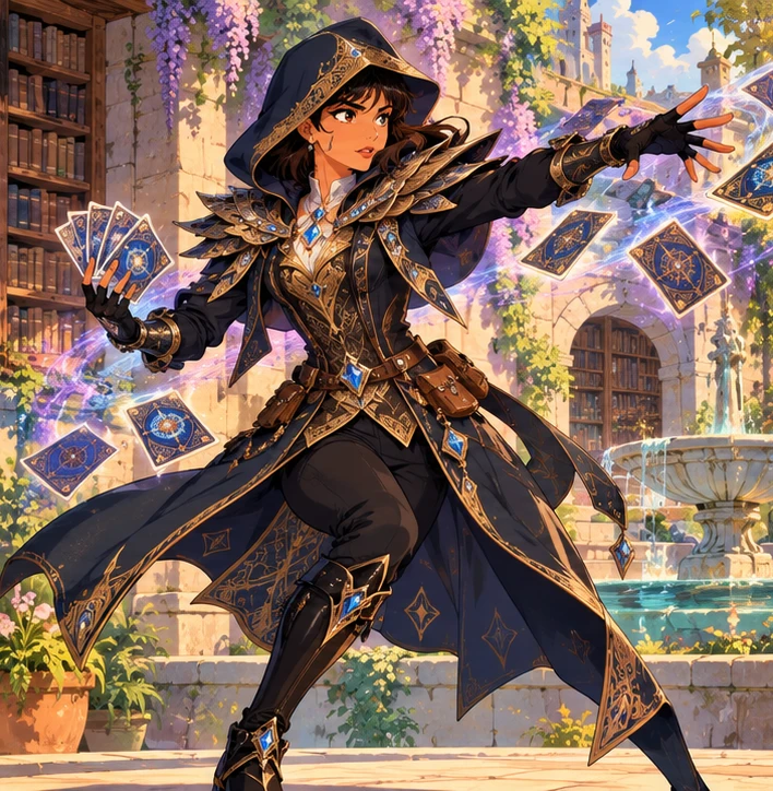 Card Mage adult woman casting a fan of cards in a library courtyard. Reference-inspired job-armor design interpretation.