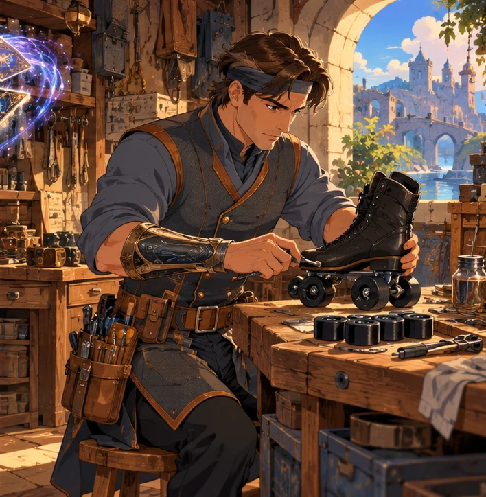 Craftsman adult man fitting a replacement wheel to a black quad skate on a workshop bench. Reference-inspired job-armor design interpretation.