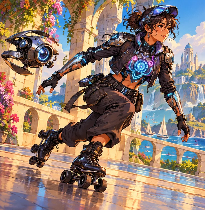 Cyber Icon adult woman skating beside a hovering filming drone on black quad skates and black paired wheels. Reference-inspired job-armor design interpretation.