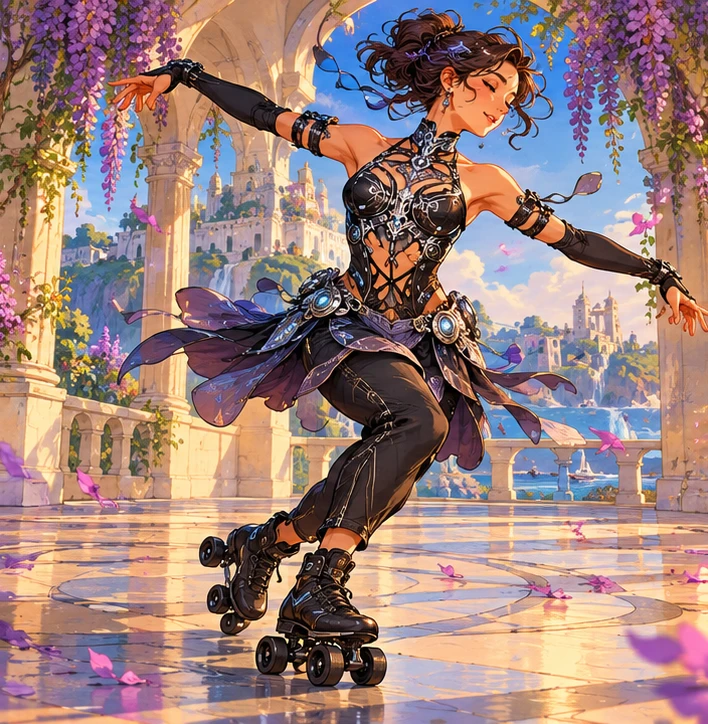 Dancer adult woman making a graceful derby spin on black quad skates and black paired wheels. Reference-inspired job-armor design interpretation.