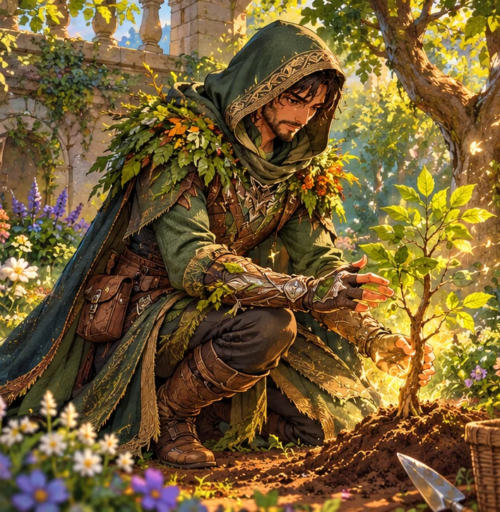 Druid adult man shaping a small sapling in a garden. Reference-inspired job-armor design interpretation.