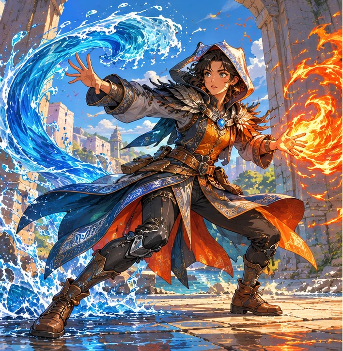 Elementalist adult woman guiding blue water curl with one hand and orange fire curl with other. Reference-inspired job-armor design interpretation.