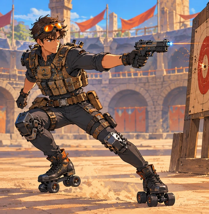 Gunslinger adult man aiming futuristic sidearm at practice target in empty arena. Reference-inspired job-armor design interpretation.