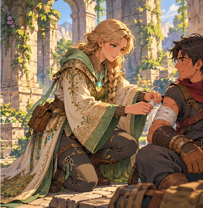 Healer adult woman kneeling to tend a seated teammate. Reference-inspired job-armor design interpretation.