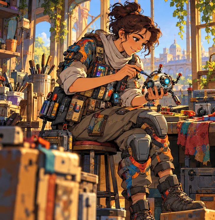 Hobbyist adult woman testing a small handmade gadget on workshop table. Reference-inspired job-armor design interpretation.
