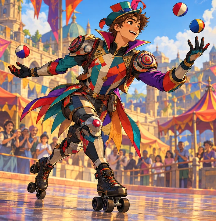 An adult Jester in multicolored patchwork armor and a feathered hat juggles striped balls while skating on black quad skates. Interpretive illustration.