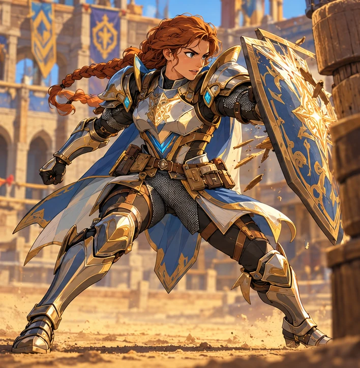 Knight adult woman bracing shield in a training arena. Reference-inspired job-armor design interpretation.