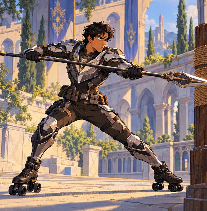 Lancer adult man practicing a controlled spear thrust in courtyard. Reference-inspired job-armor design interpretation.