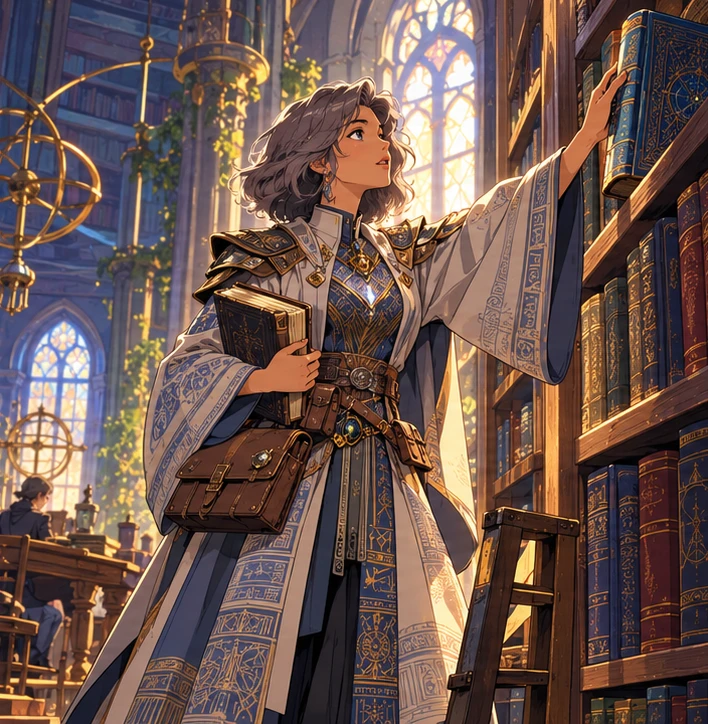 Librarian adult woman retrieving a luminous tome from a high library shelf. Reference-inspired job-armor design interpretation.