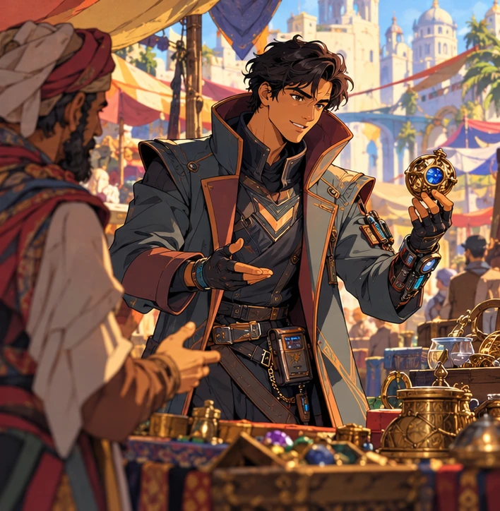 Merchant adult man negotiating over a small crafted object at market stall. Reference-inspired job-armor design interpretation.