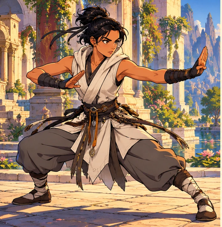 Monk adult woman moving through an open-hand martial stance in courtyard. Reference-inspired job-armor design interpretation.
