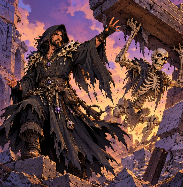 Necromancer adult man directing a skeletal companion lifting a fallen beam. Reference-inspired job-armor design interpretation.