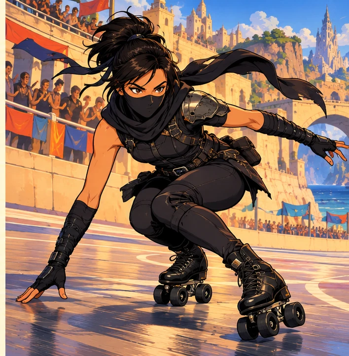 Ninja adult woman taking a tight derby bend on black quad skates black paired wheels. Reference-inspired job-armor design interpretation.
