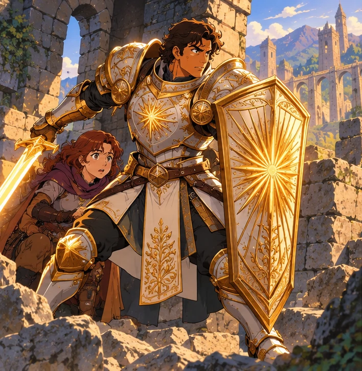 Paladin adult man guarding a teammate with a tall shield. Reference-inspired job-armor design interpretation.