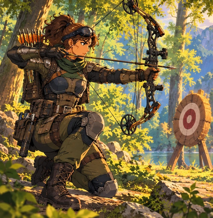 Ranger adult woman drawing bow at an empty woodland practice target. Reference-inspired job-armor design interpretation.