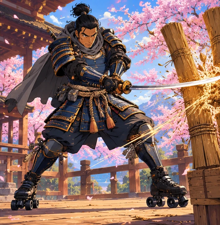 Samurai adult man making precise practice sword cut through straw target. Reference-inspired job-armor design interpretation.