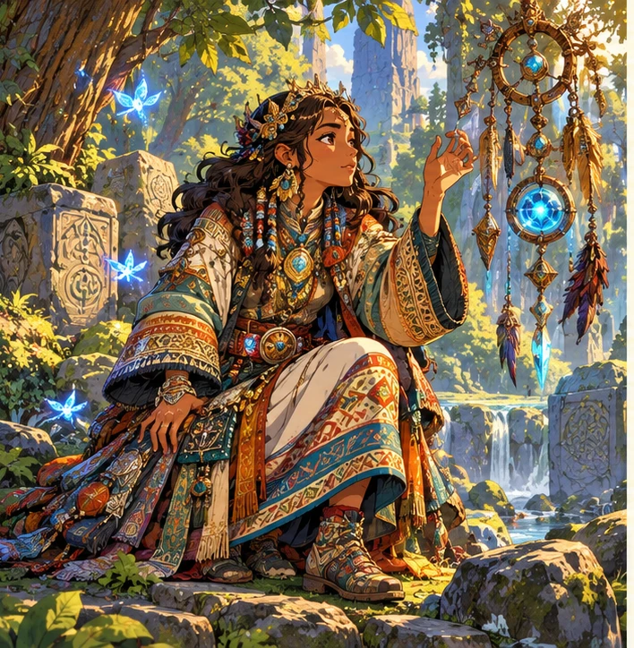 Shaman adult woman listening beside floating fantasy charms in a grove. Reference-inspired job-armor design interpretation.