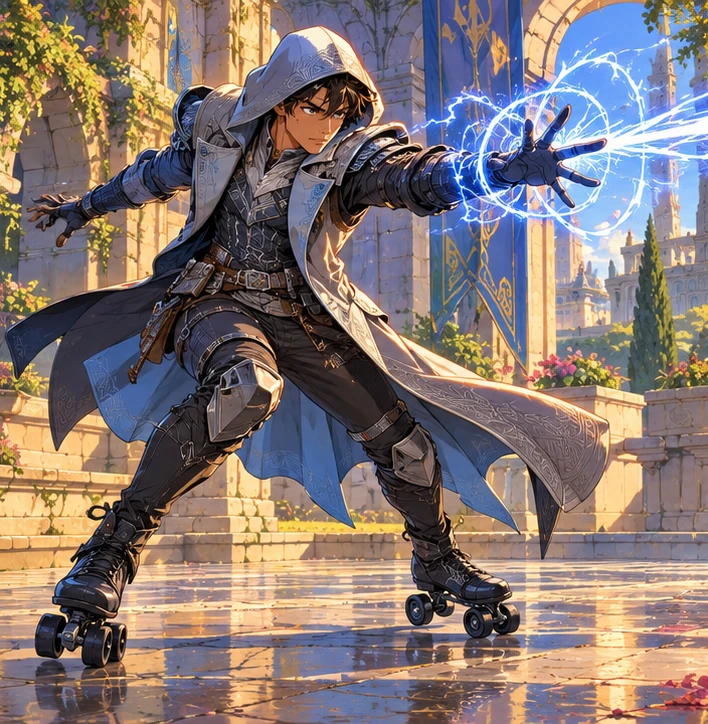 Spellslinger adult man shaping a precise magical bolt while leaning into motion in a courtyard. Reference-inspired job-armor design interpretation.