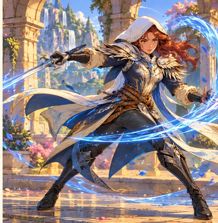 Sword Mage adult woman sweeping a sword wrapped in blue magic through a practice form. Reference-inspired job-armor design interpretation.