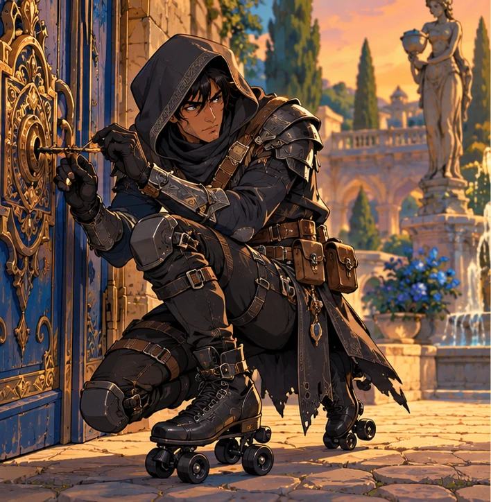 Thief adult man working an ornate practice lock in courtyard. Reference-inspired job-armor design interpretation.
