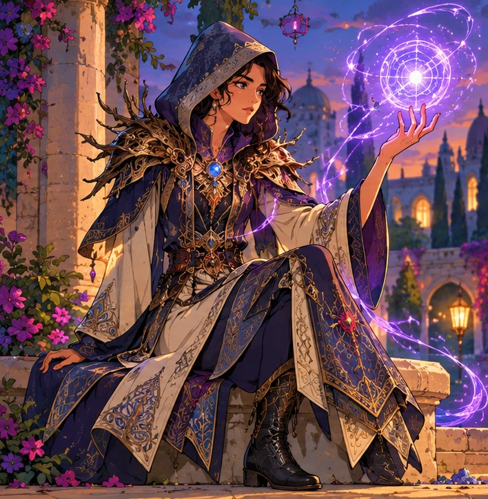 Warlock adult woman contemplating violet magic in a dusk courtyard. Reference-inspired job-armor design interpretation.