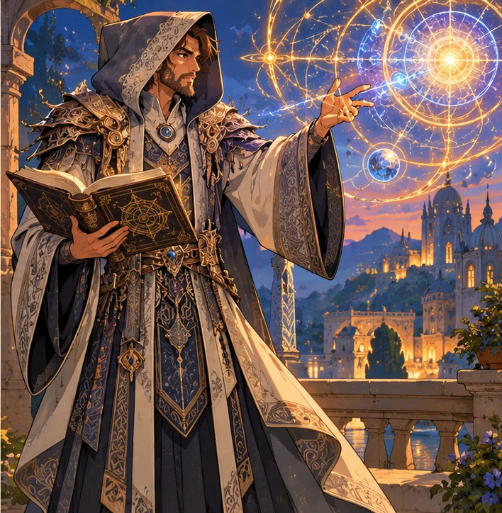 Wizard adult man reading a book while guiding a luminous geometric spell. Reference-inspired job-armor design interpretation.