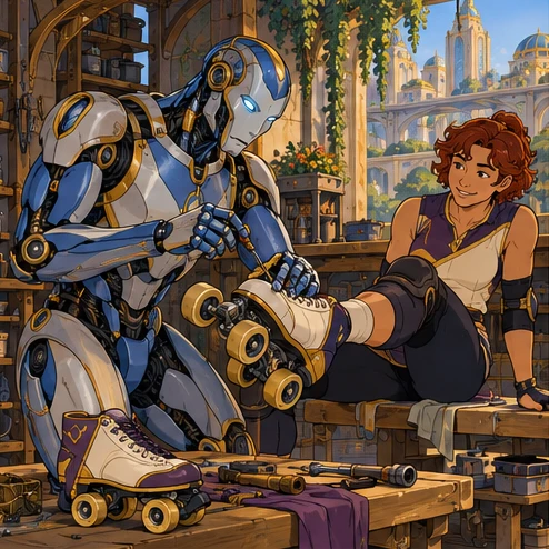 A.I. construct: articulated blue-silver humanoid robot repairing a teammate's roller skate at workbench. Artistic interpretation.