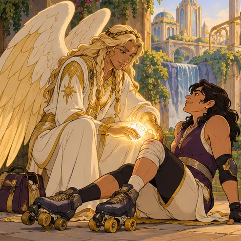 Angel: adult celestial person in cream and gold clothes tending an injured teammate with warm light. Artistic interpretation.