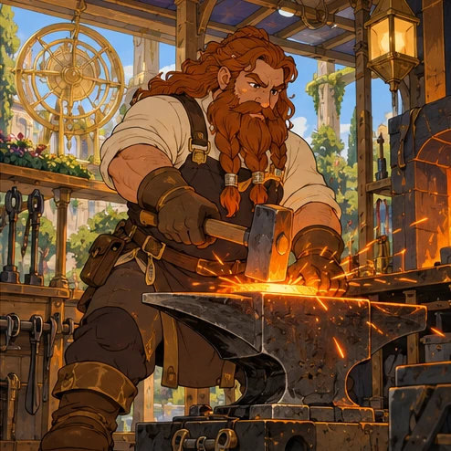 Dwarf: sturdy short adult bearded craftsperson hammering glowing metal in solarpunk workshop. Artistic interpretation.