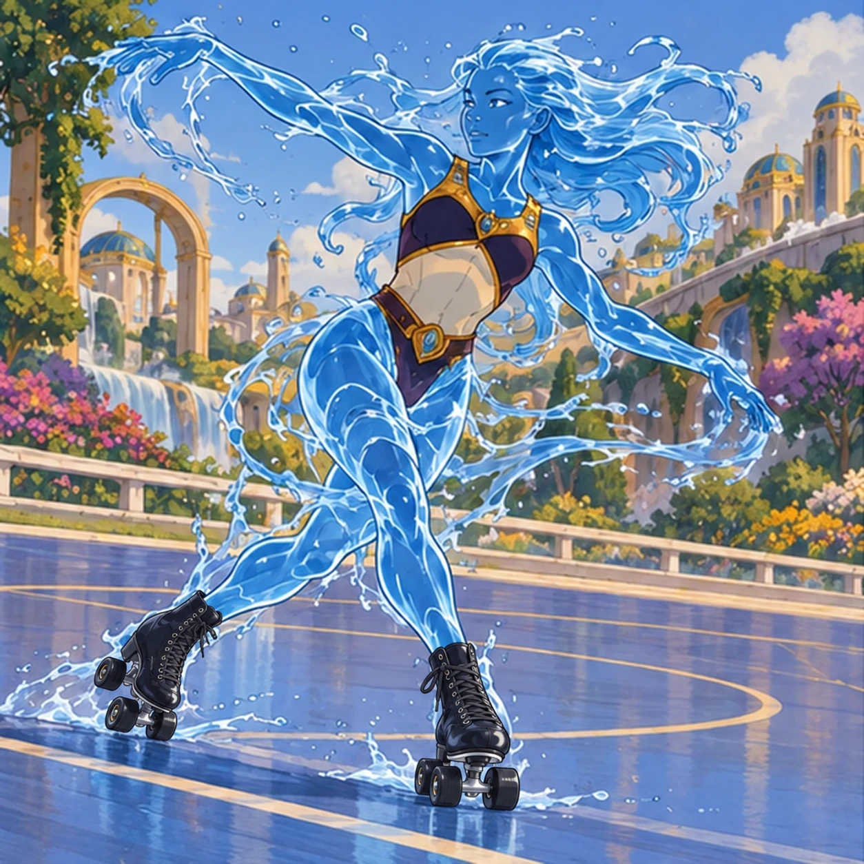 Elemental: person whose entire body is formed from flowing water, practicing an elegant gesture on a track on black quad roller skates. Artistic interpretation.