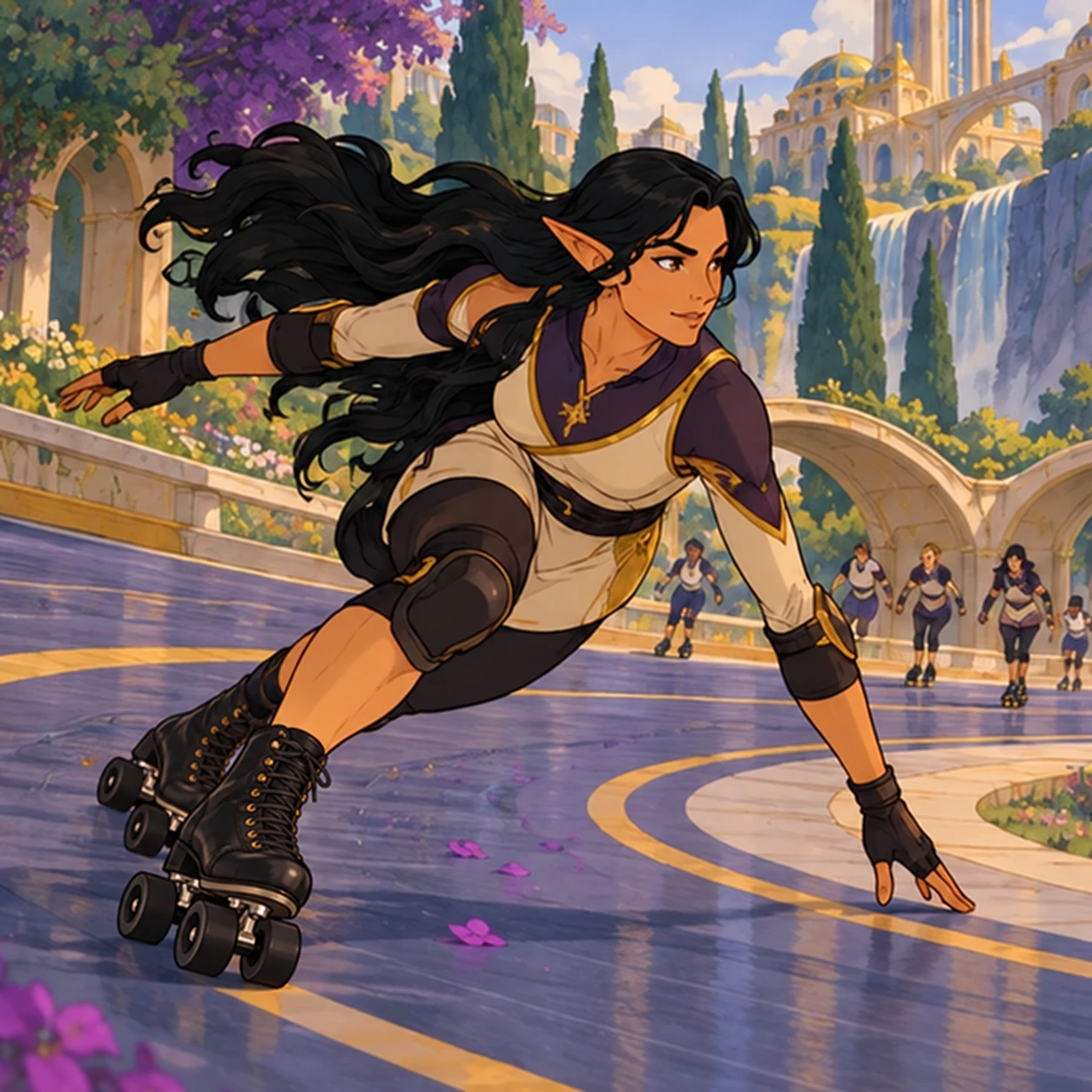 Elf: adult pointed-eared athlete with long dark hair, leaning into a turn on roller skates on black quad roller skates. Artistic interpretation.