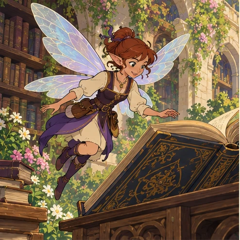 Fairy: tiny adult winged humanoid hovering over a large open book, painted garden library. Artistic interpretation.