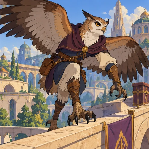 Featherkin: anthropomorphic owl bird-person landing on a rooftop walkway. Artistic interpretation.